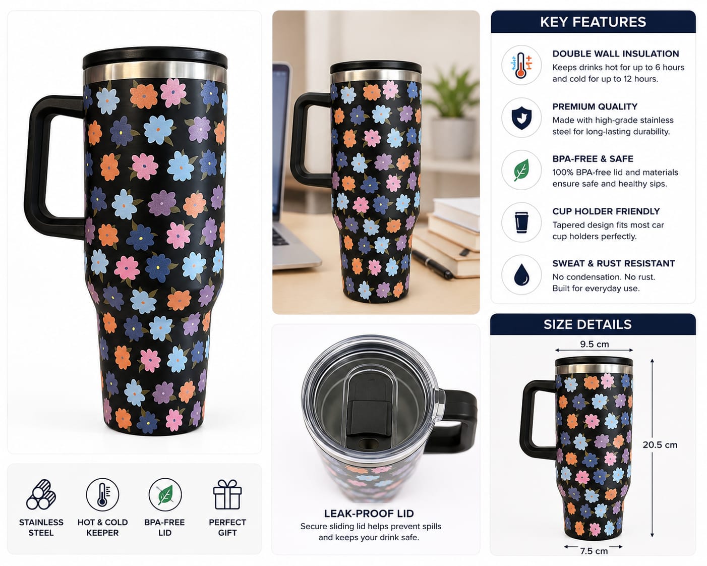 BloomPrint Stainless Steel Travel Mug/Tumbler – 1200ml