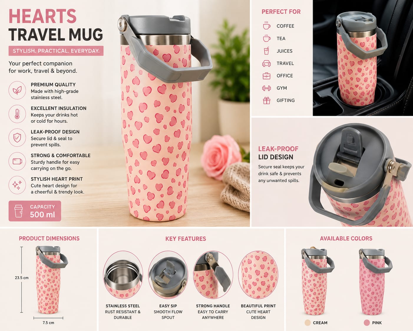 HeartBliss Stainless Steel Travel Mug/Tumbler – 1000ml