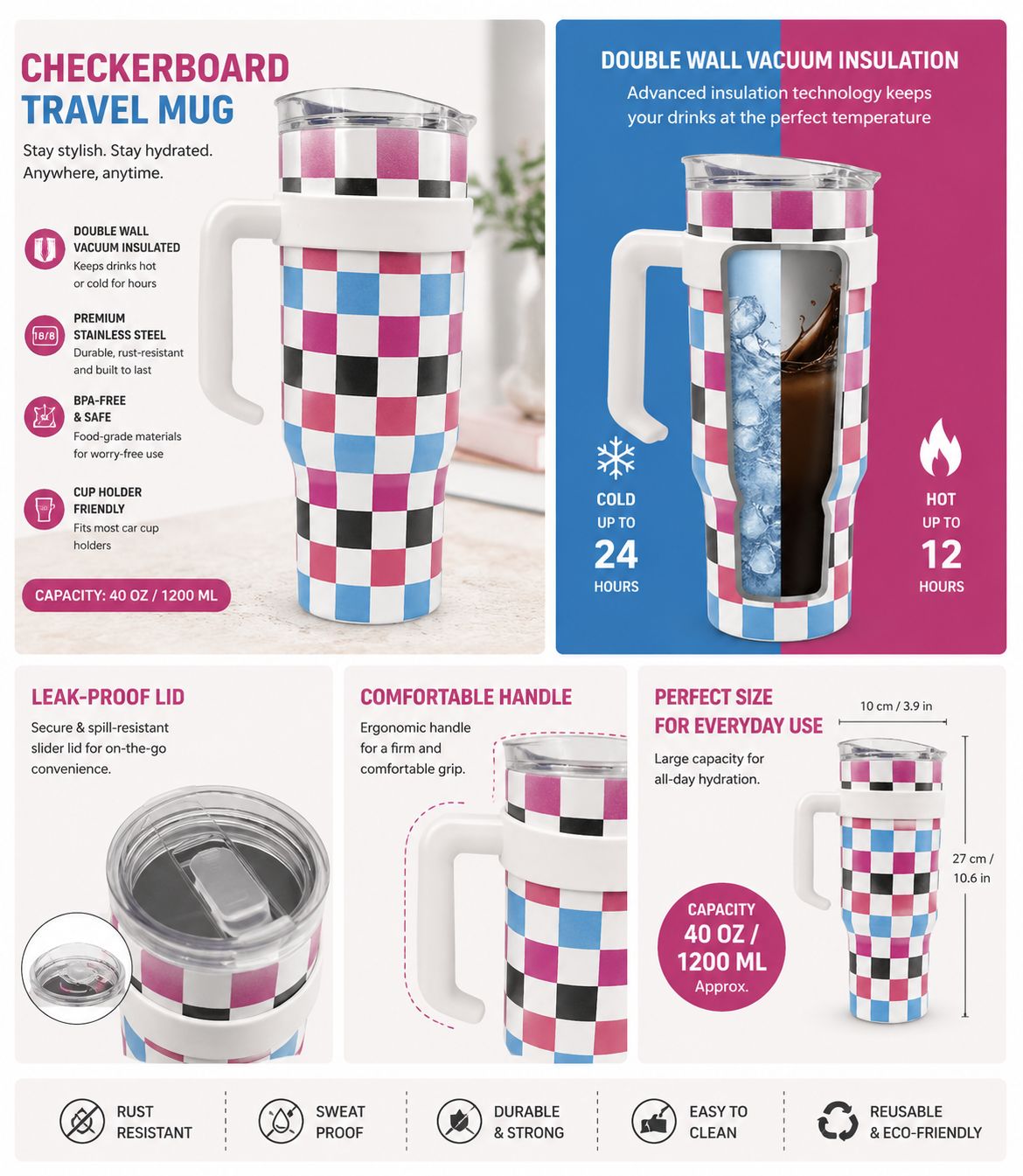 CheckerPop Stainless Steel Travel Mug/Tumbler – 1200ml