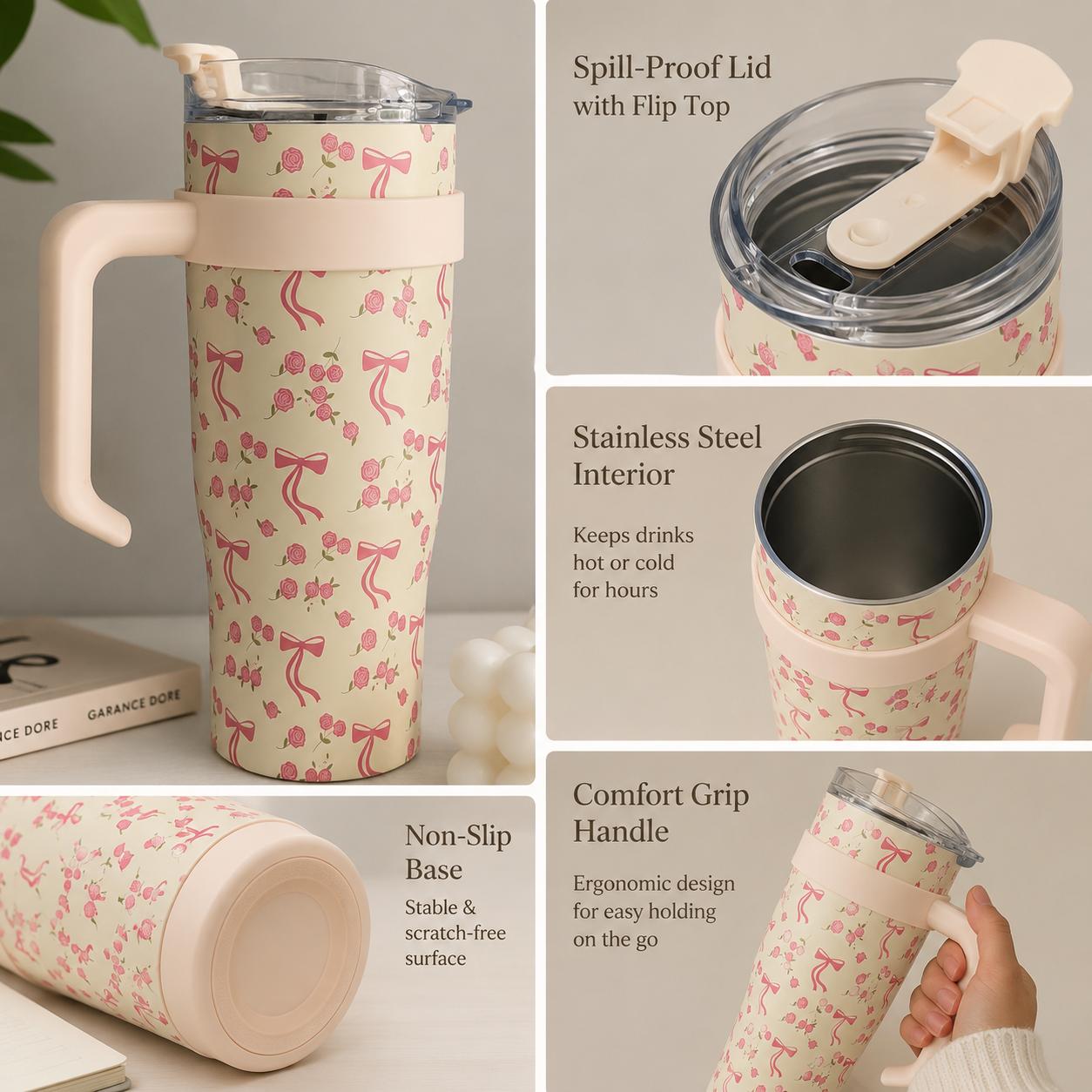 Rosé Ribbon Floral Stainless Steel Travel Mug/Tumbler – 1200ml