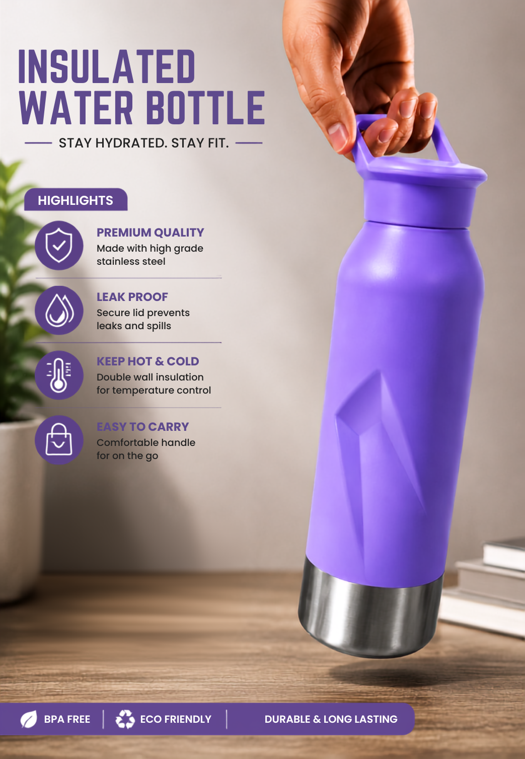 Vacuum Insulated Water Bottle – 500ml (Purple)