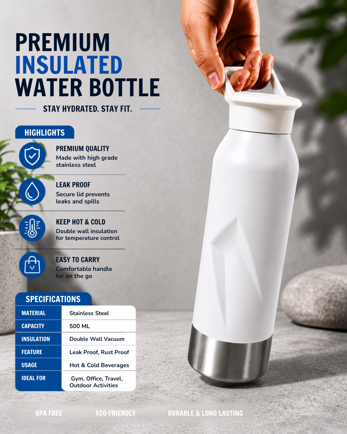 Vacuum Insulated Water Bottle – 500ml (White)