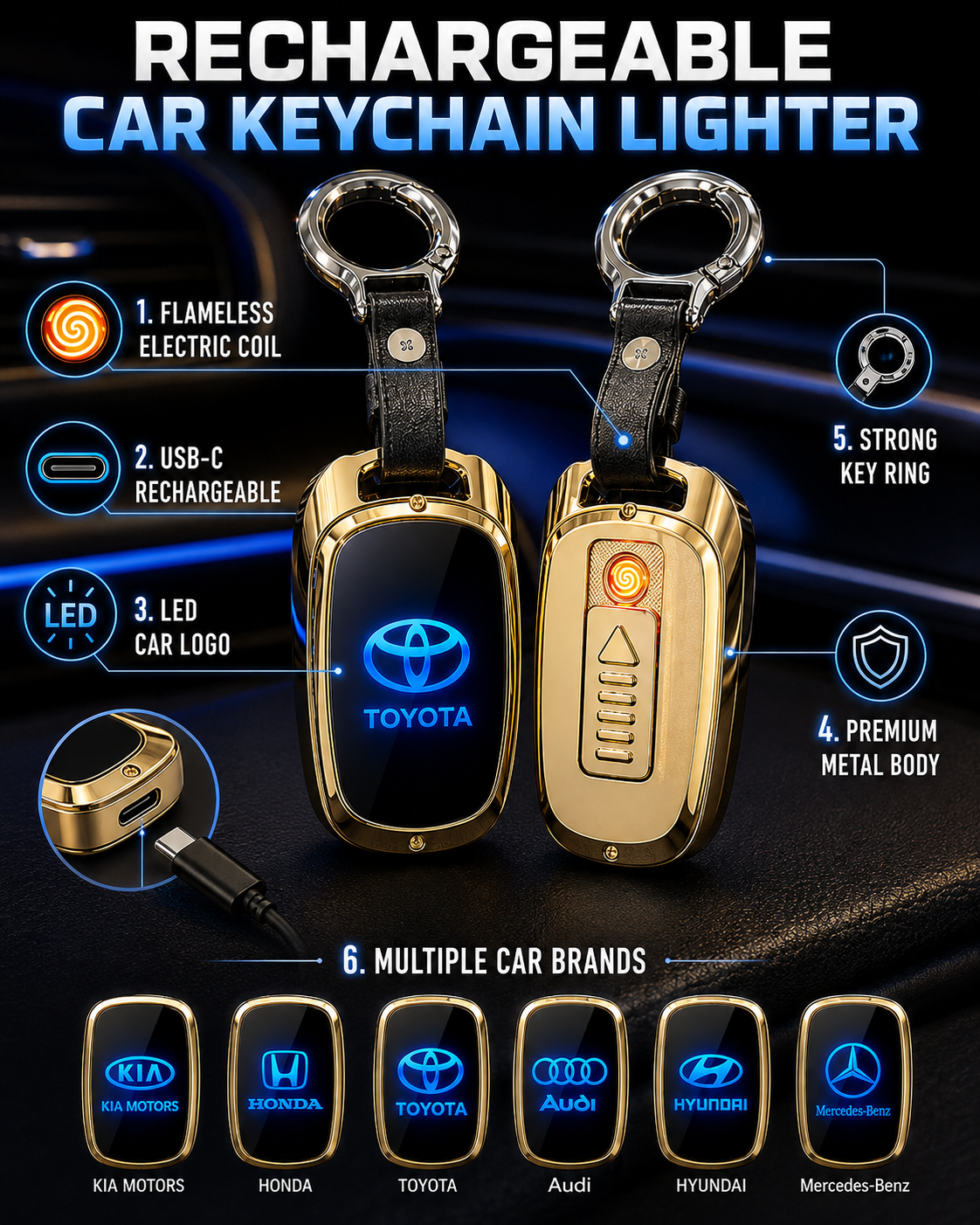 Rechargeable LED Car Logo Keychain Lighter.