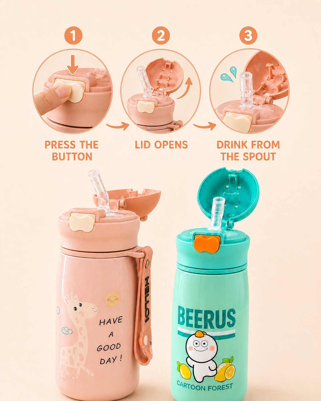 Kids Cartoon Vacuum Bottle – Pack of 2