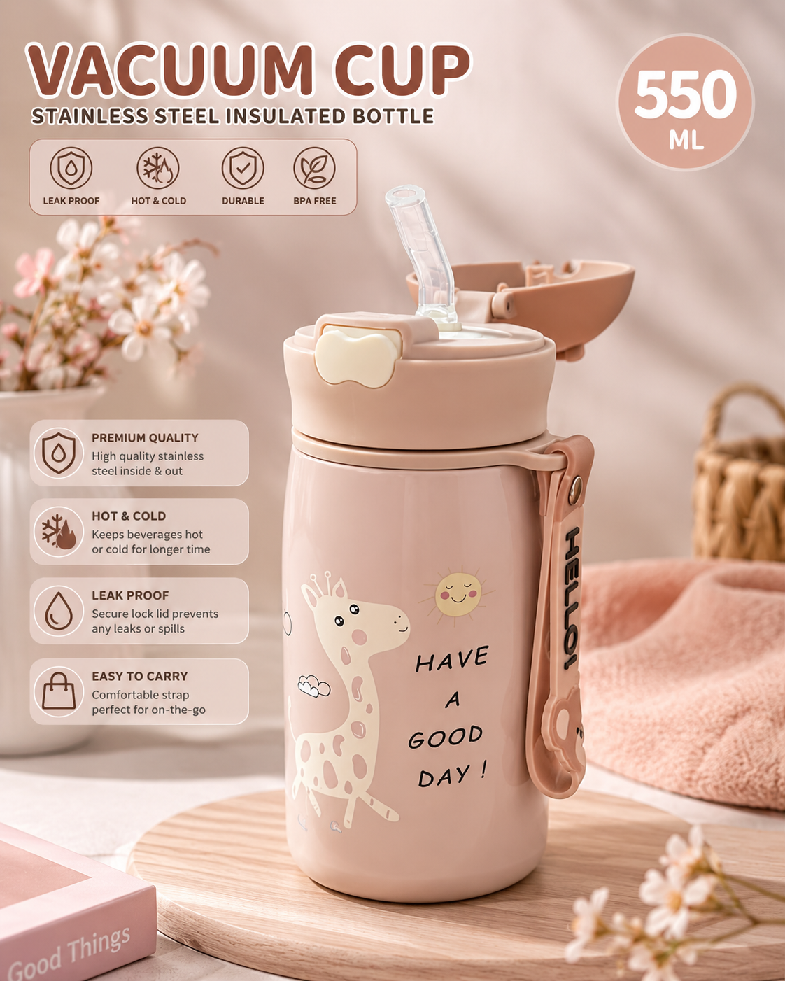 Giraffe Kids Insulated Straw Bottle – 550ml