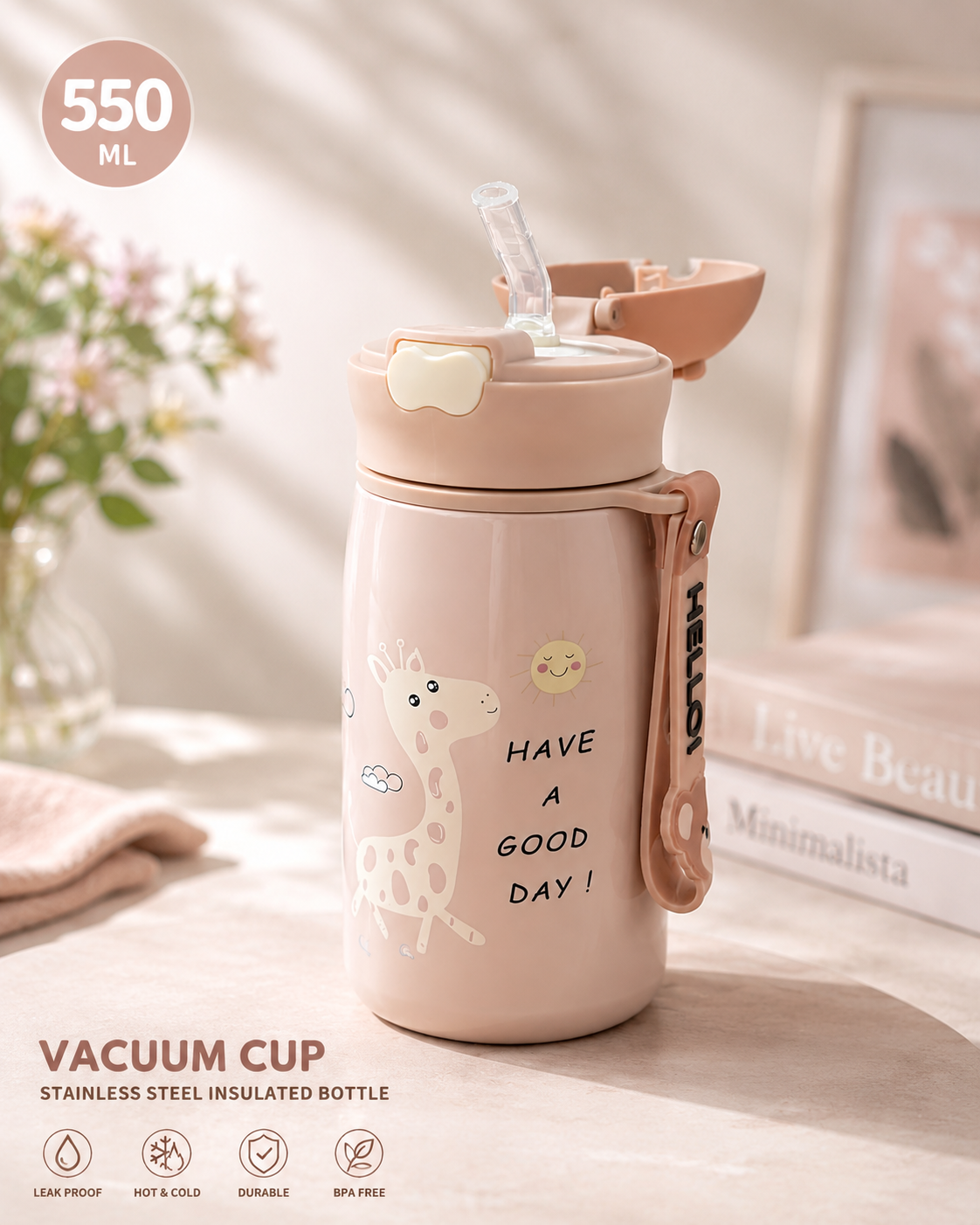 Giraffe Kids Insulated Straw Bottle – 550ml
