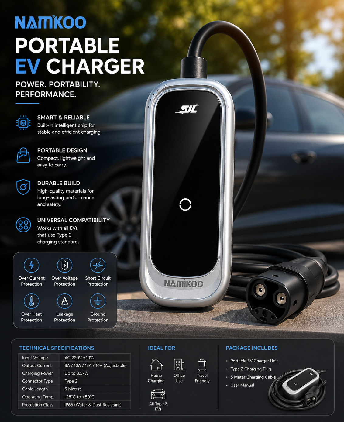 NAIMKOO Tesla Portable EV Charger (2 TO 7 KW Digitally Adustable).