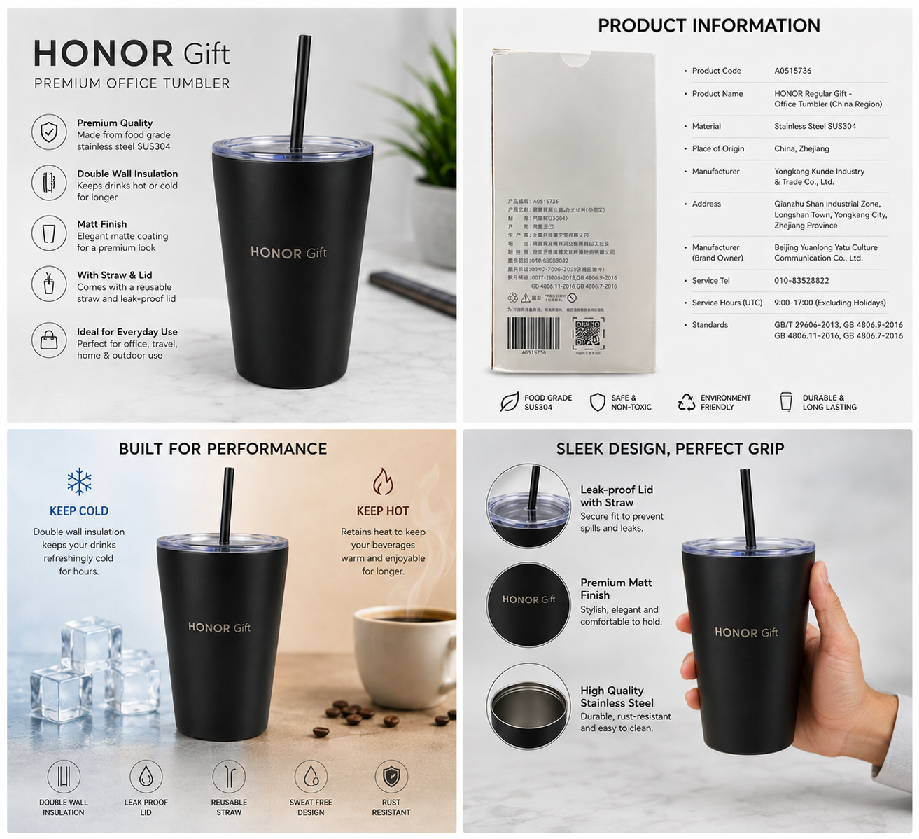 Honor Matte Black Steel Cup with Straw