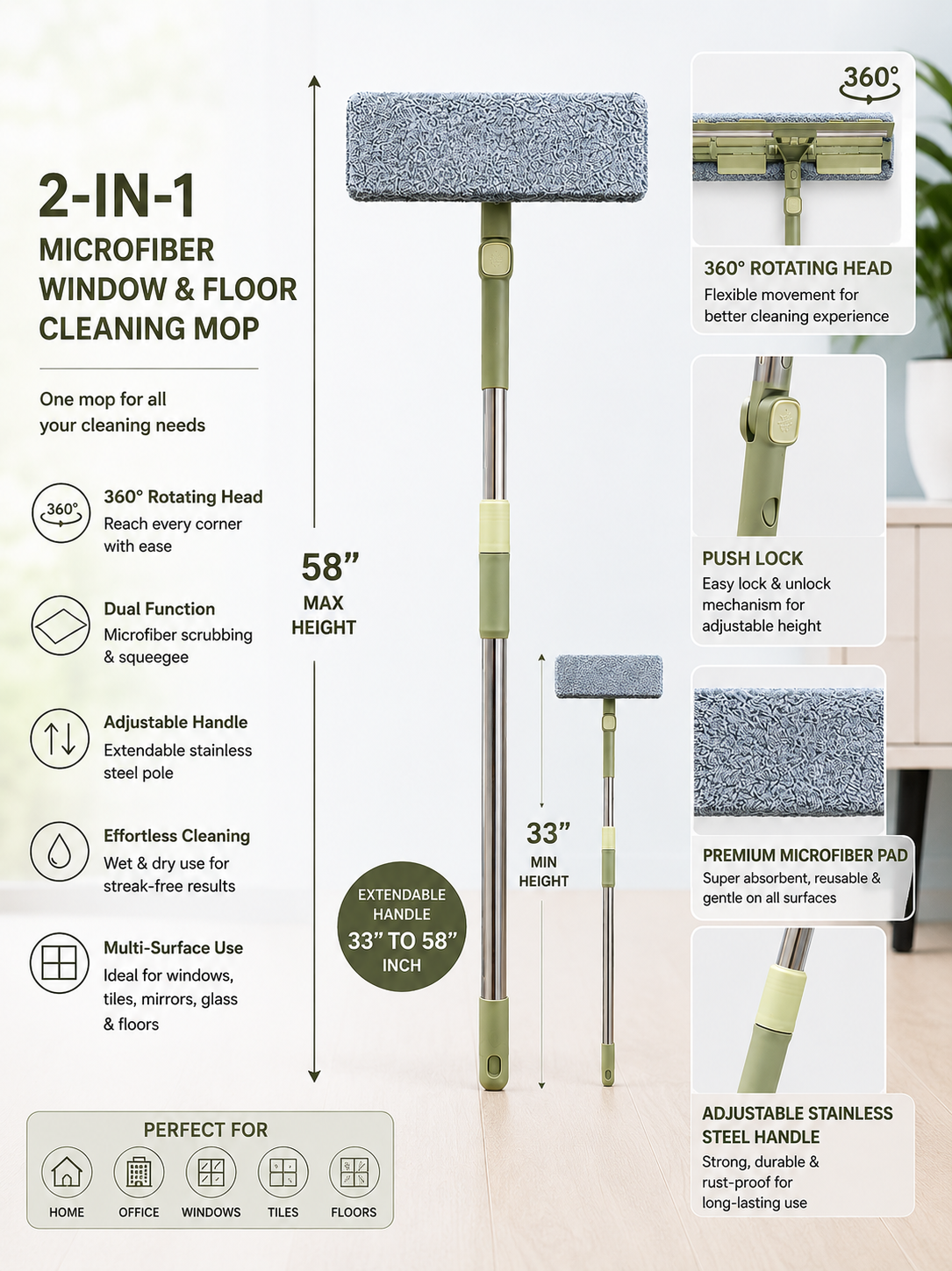 2-in-1 Microfiber Window & Floor Cleaning Mop with & Extendable 58-Inch Stainless Steel Handle