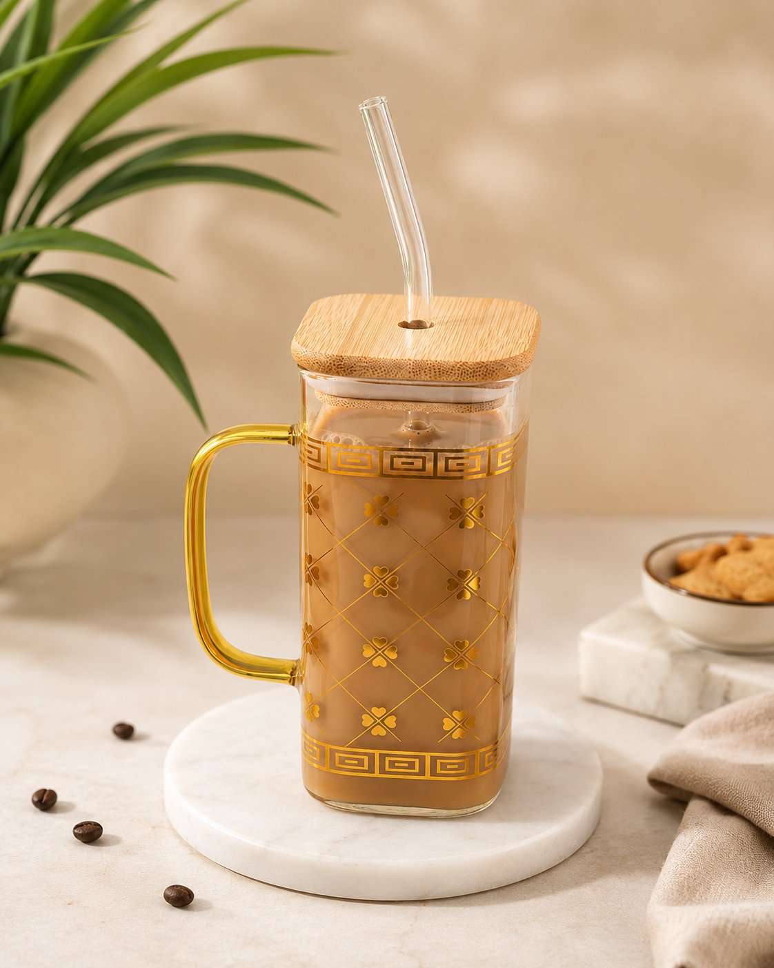 Square Glass Cup with Lid & Straw – 400ml
