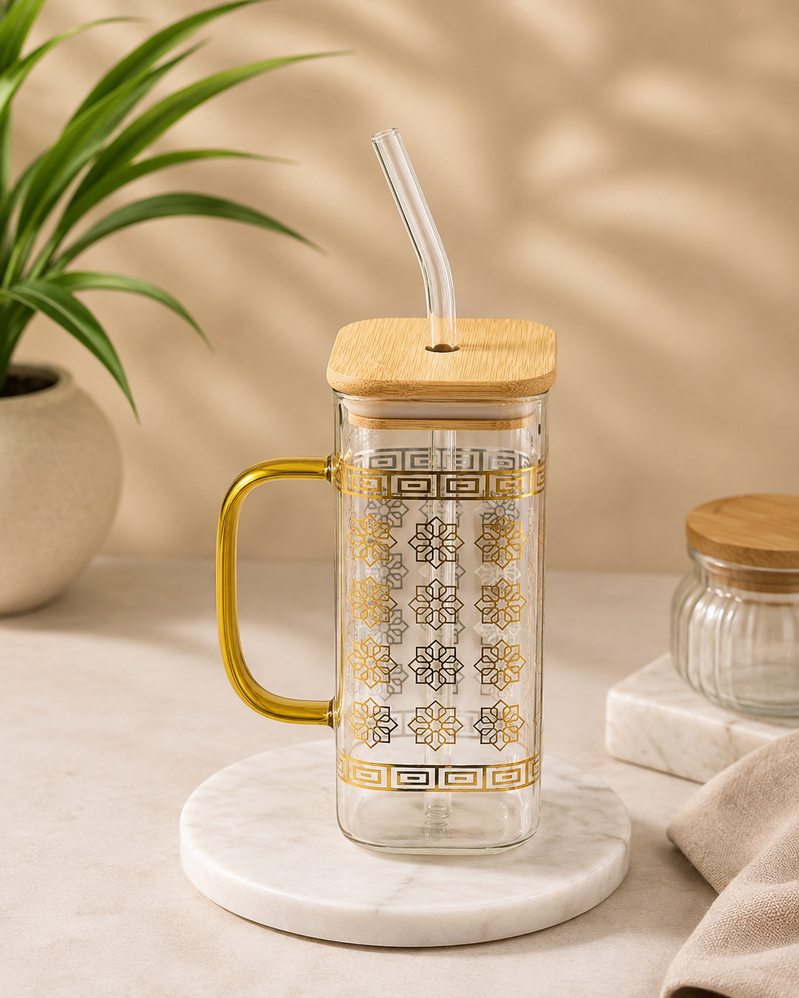 Square Glass Cup with Lid & Straw – 400ml