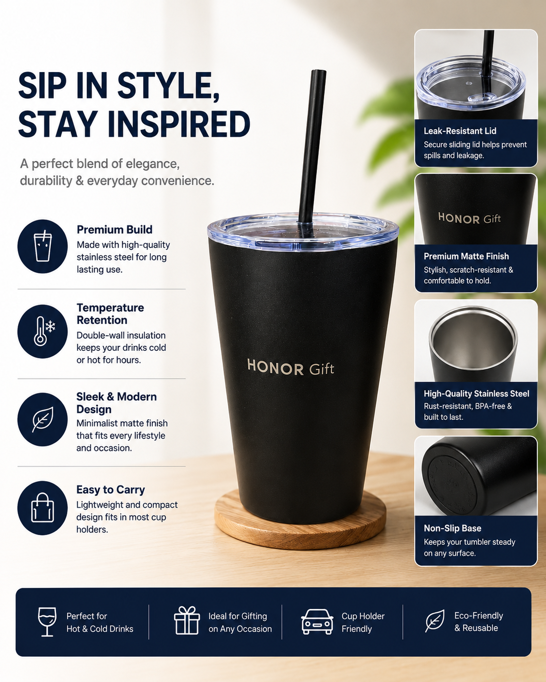 Honor Matte Black Steel Cup with Straw