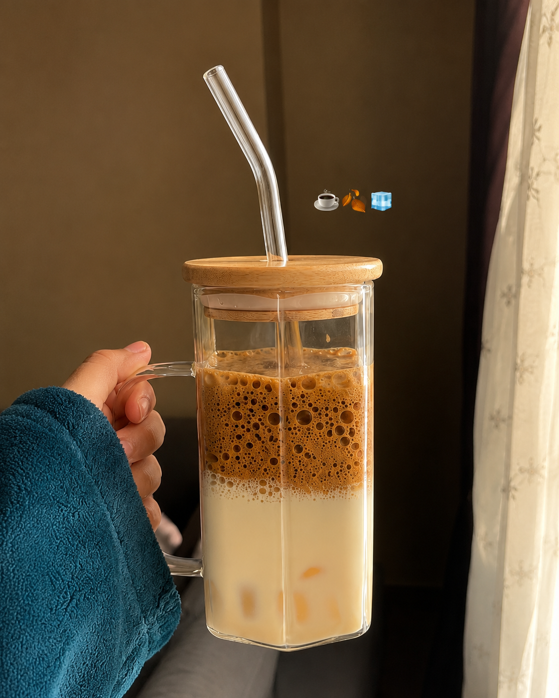 Hexagon Glass Mug with Bamboo Lid.400ml
