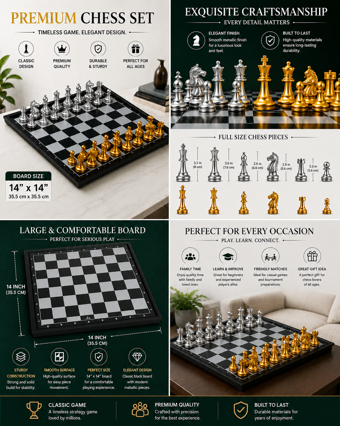 Premium Magnetic Chess Set – Gold & Silver Metallic Pieces | 14" x 14" inch Folding Board.