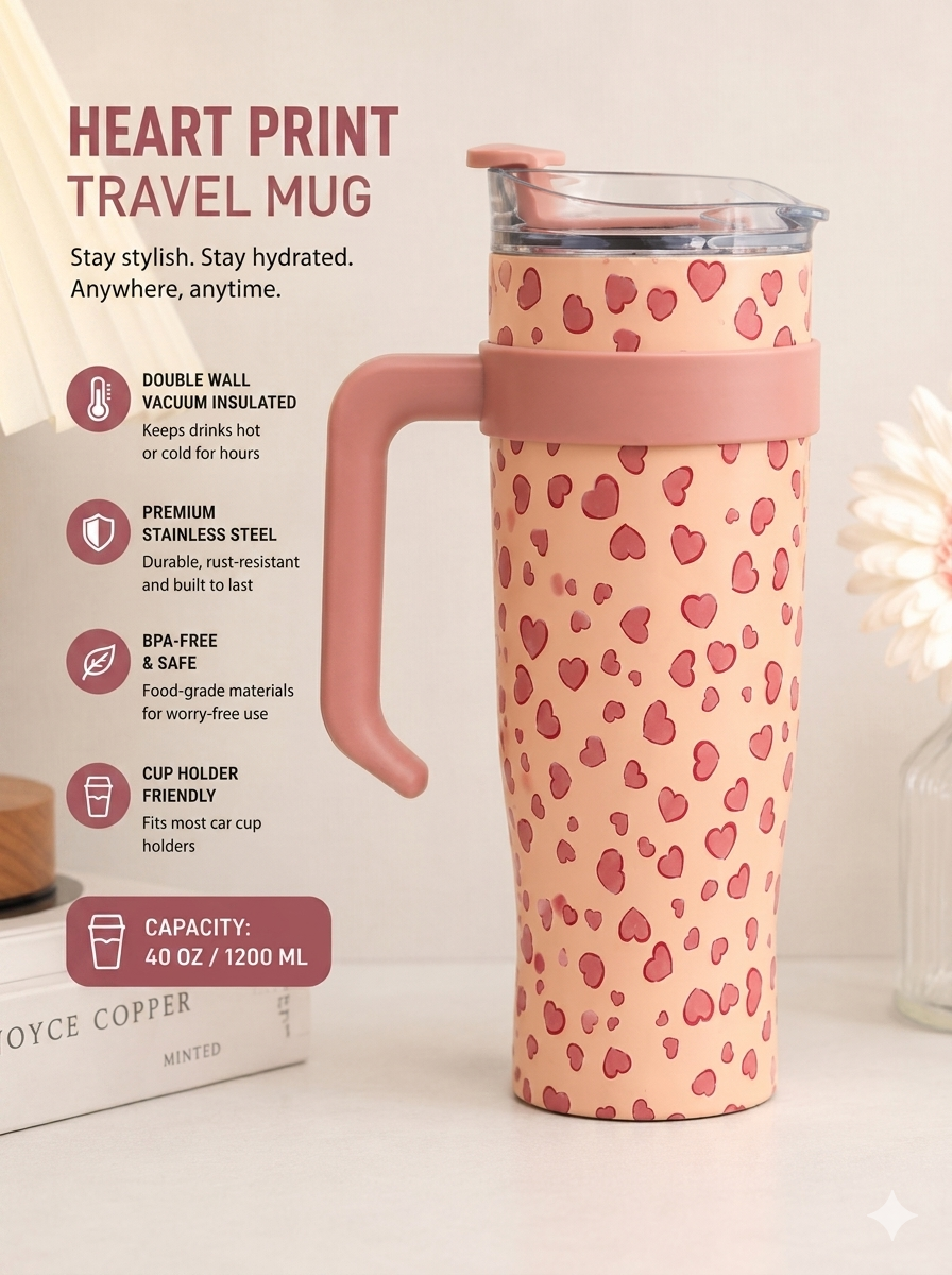 HeartBliss Stainless Steel Travel Mug/Tumbler – 1200ml