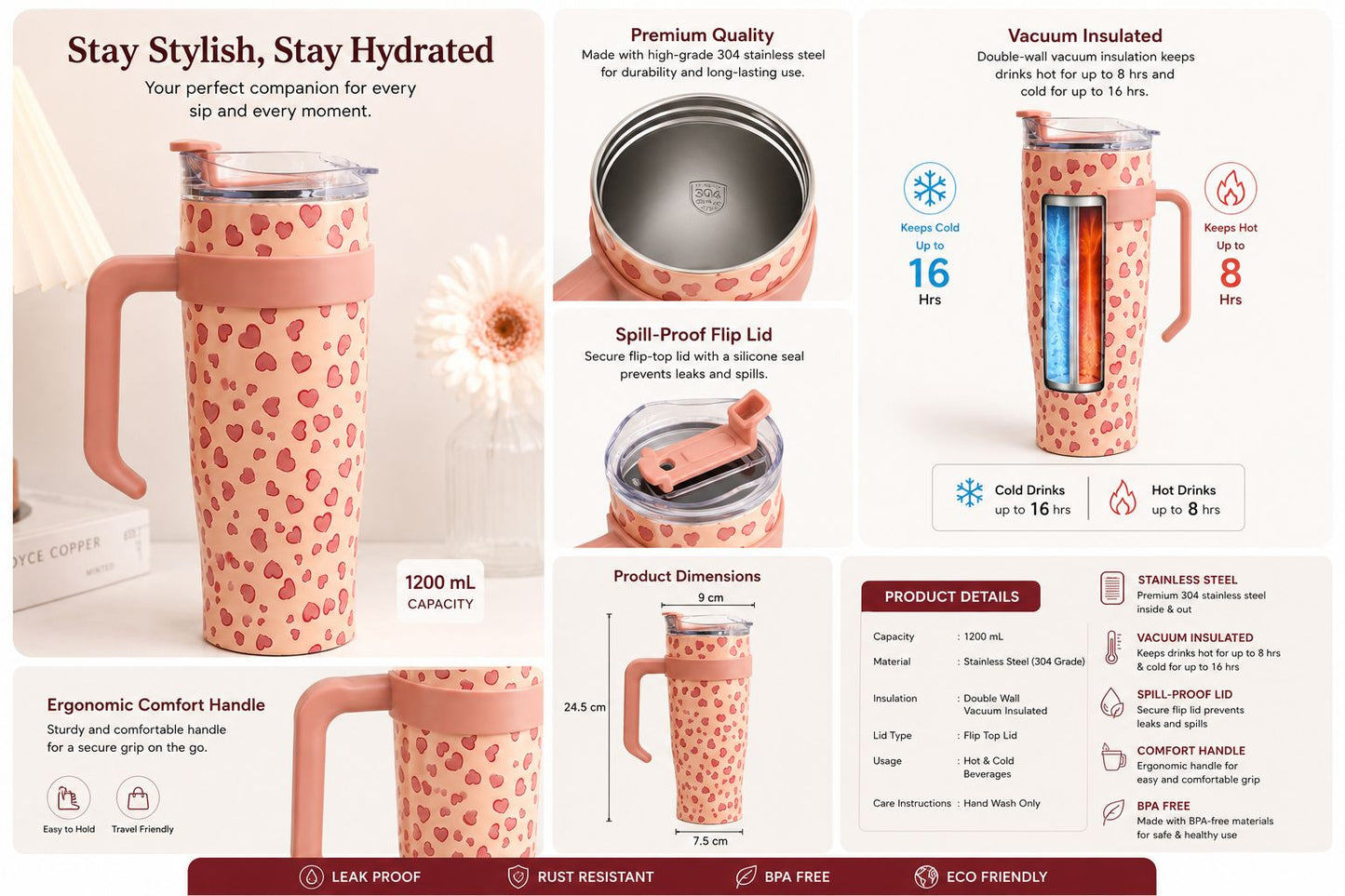 HeartBliss Stainless Steel Travel Mug/Tumbler – 1200ml