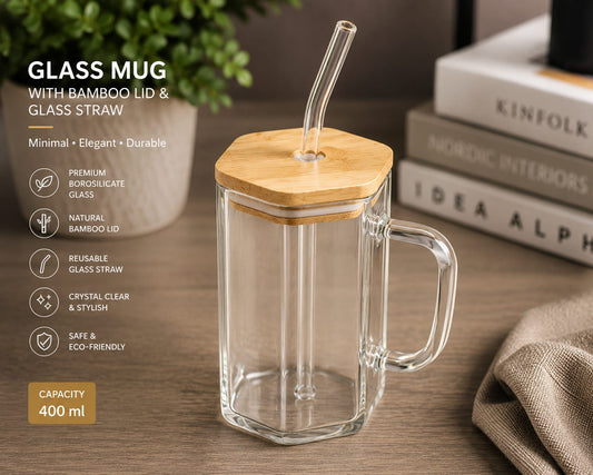Premium Glass Mug with Bamboo Lid & Reusable Glass Straw. 400ml