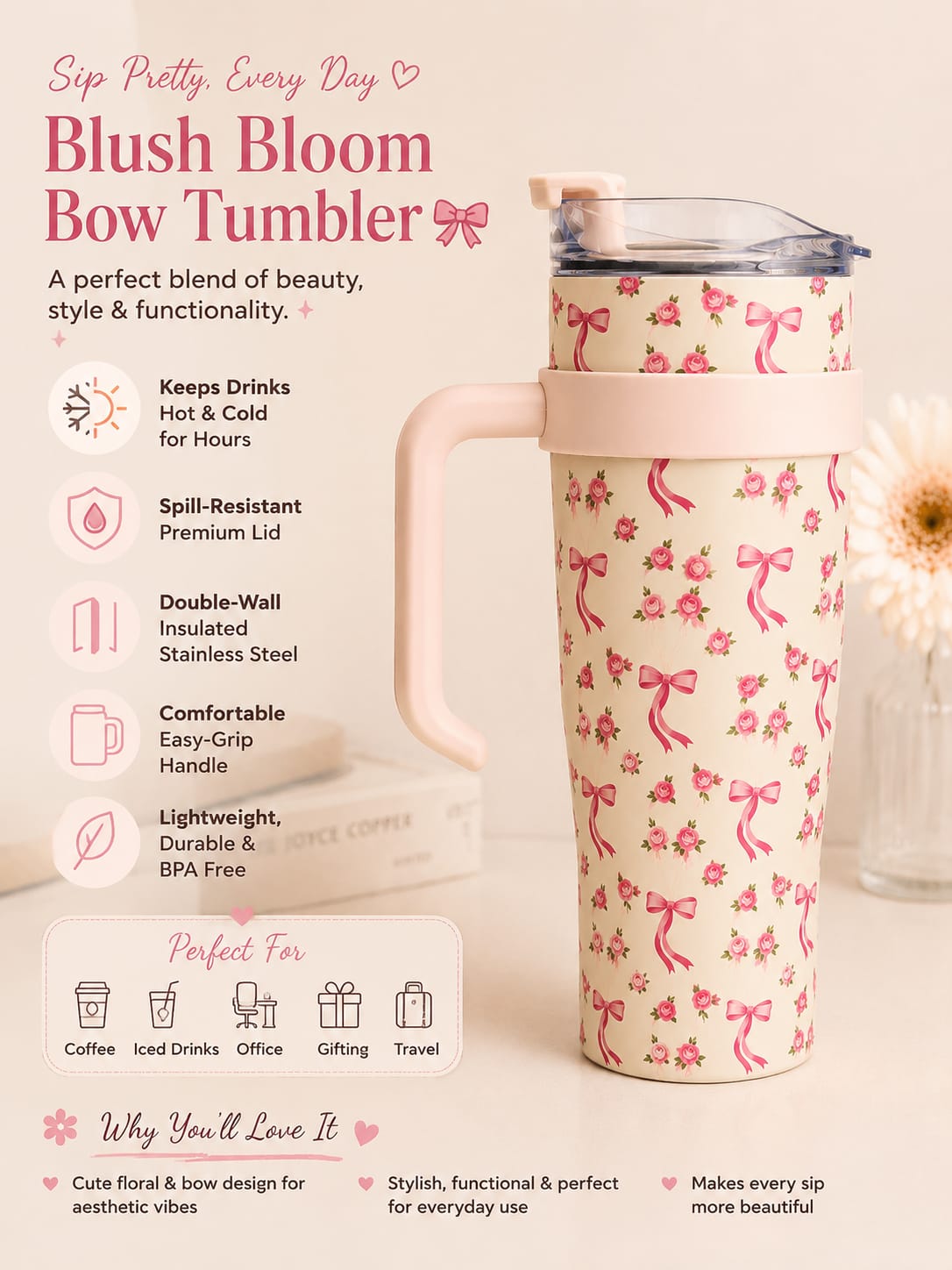 Rosé Ribbon Floral Stainless Steel Travel Mug/Tumbler – 1200ml