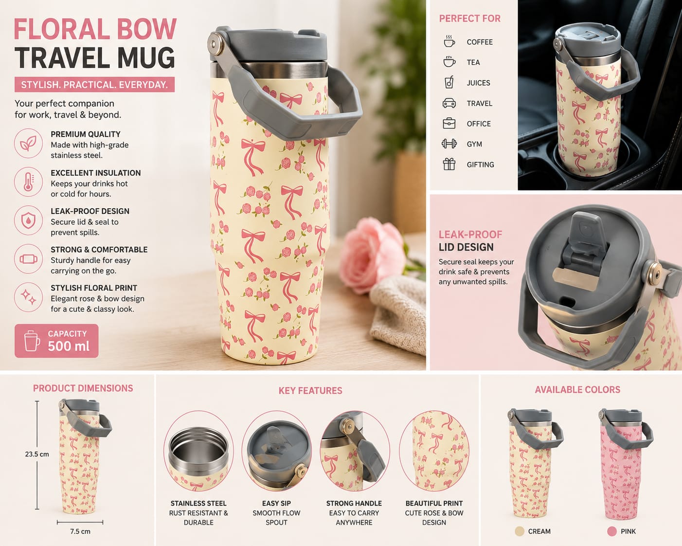 Rosé Ribbon Floral Stainless Steel Travel Mug/Tumbler – 1000ml