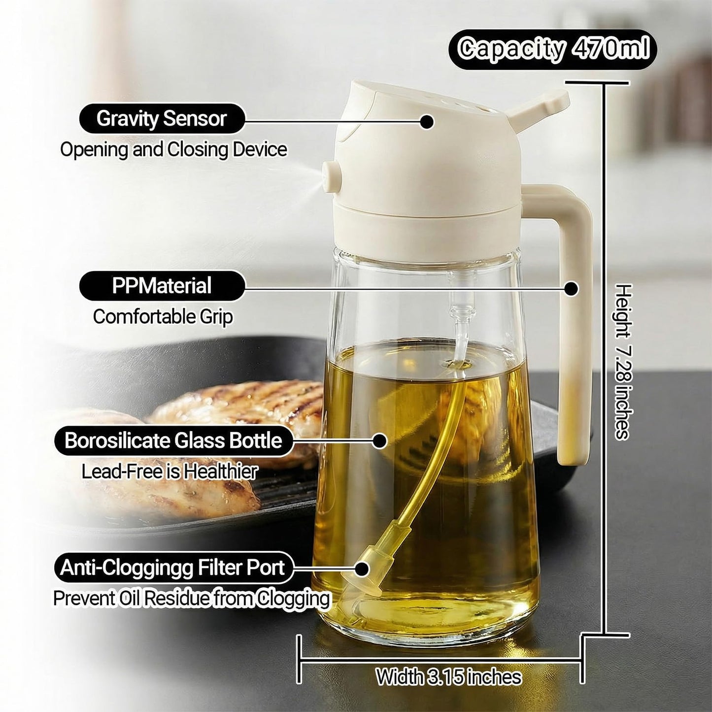 2 in 1 Oil Spray Bottle & Oil Dispenser – 500ML Glass Oil Sprayer for Cooking.