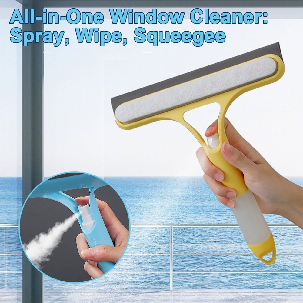 3 in 1 Window Cleaner Tool with Spray Bottle – Squeegee & Brush Cleaner.