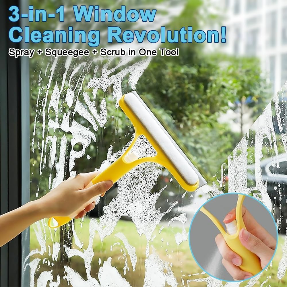 3 in 1 Window Cleaner Tool with Spray Bottle – Squeegee & Brush Cleaner.
