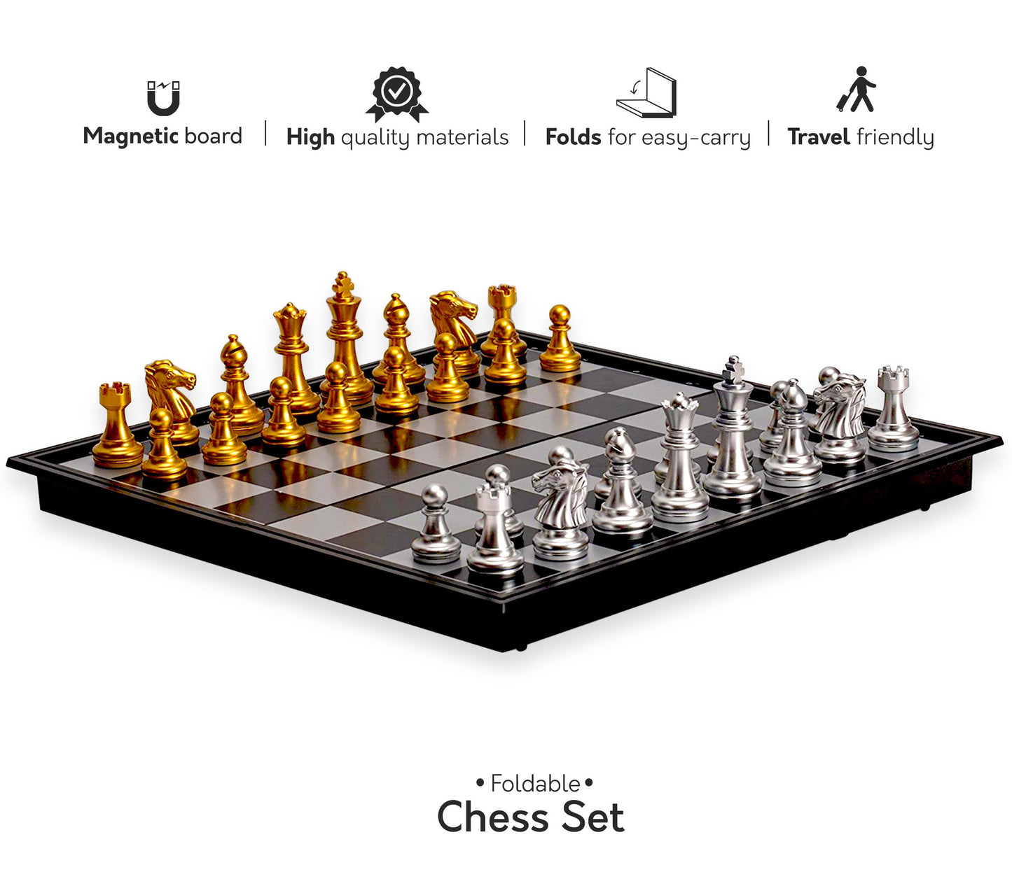 Premium Magnetic Chess Set – Gold & Silver Metallic Pieces | 8" x 8" inch Folding Board.