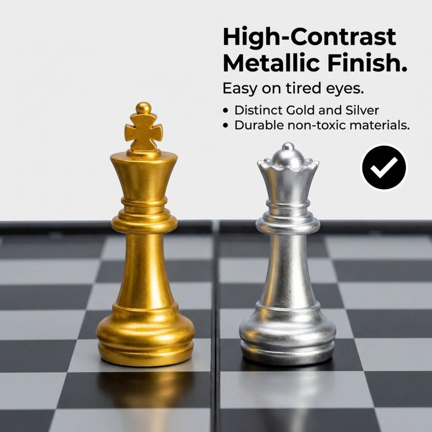 Premium Magnetic Chess Set – Gold & Silver Metallic Pieces | 8" x 8" inch Folding Board.