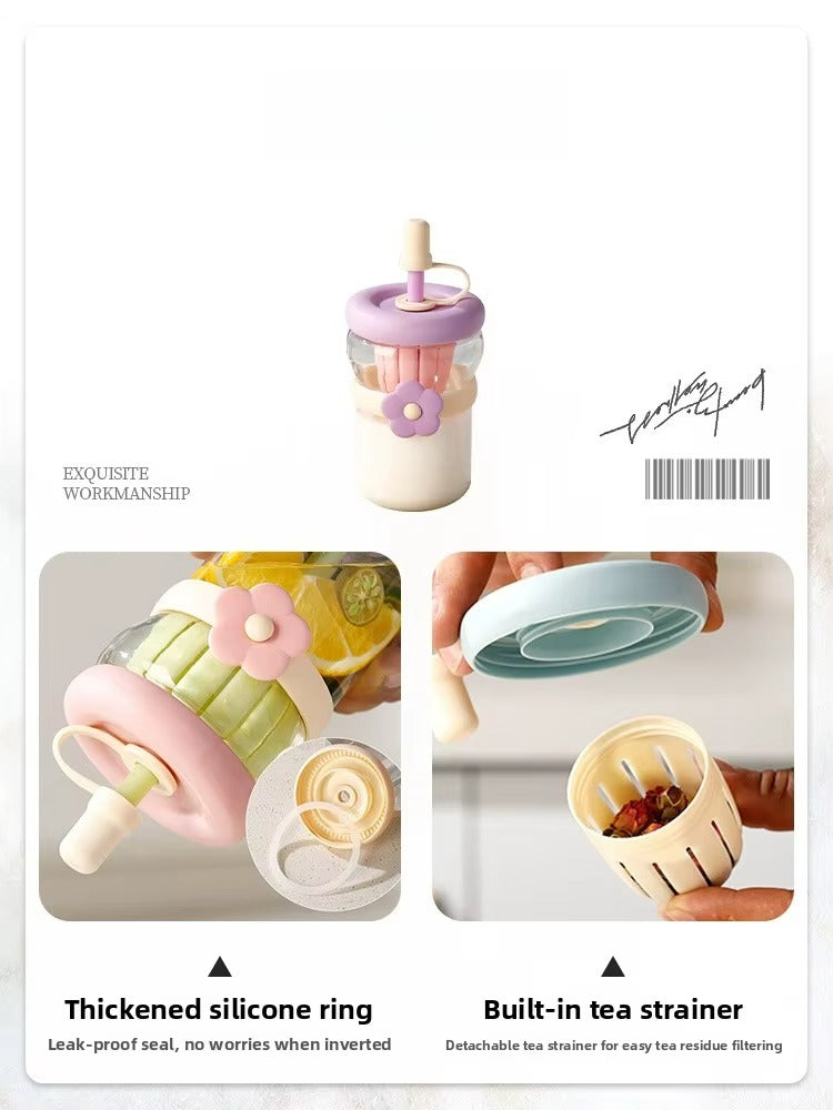 500ml Glass cup (flower-shaped), stylish on-the-go straw cup, cold brew coffee cup, beverage cup with lid and straw, 17 oz/500ml capacity, twinset, suitable for home or office use.