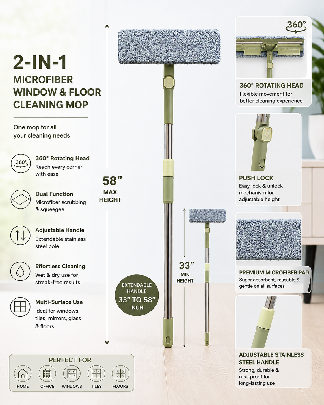 2-in-1 Window & Floor Mop – 58-Inch Handle