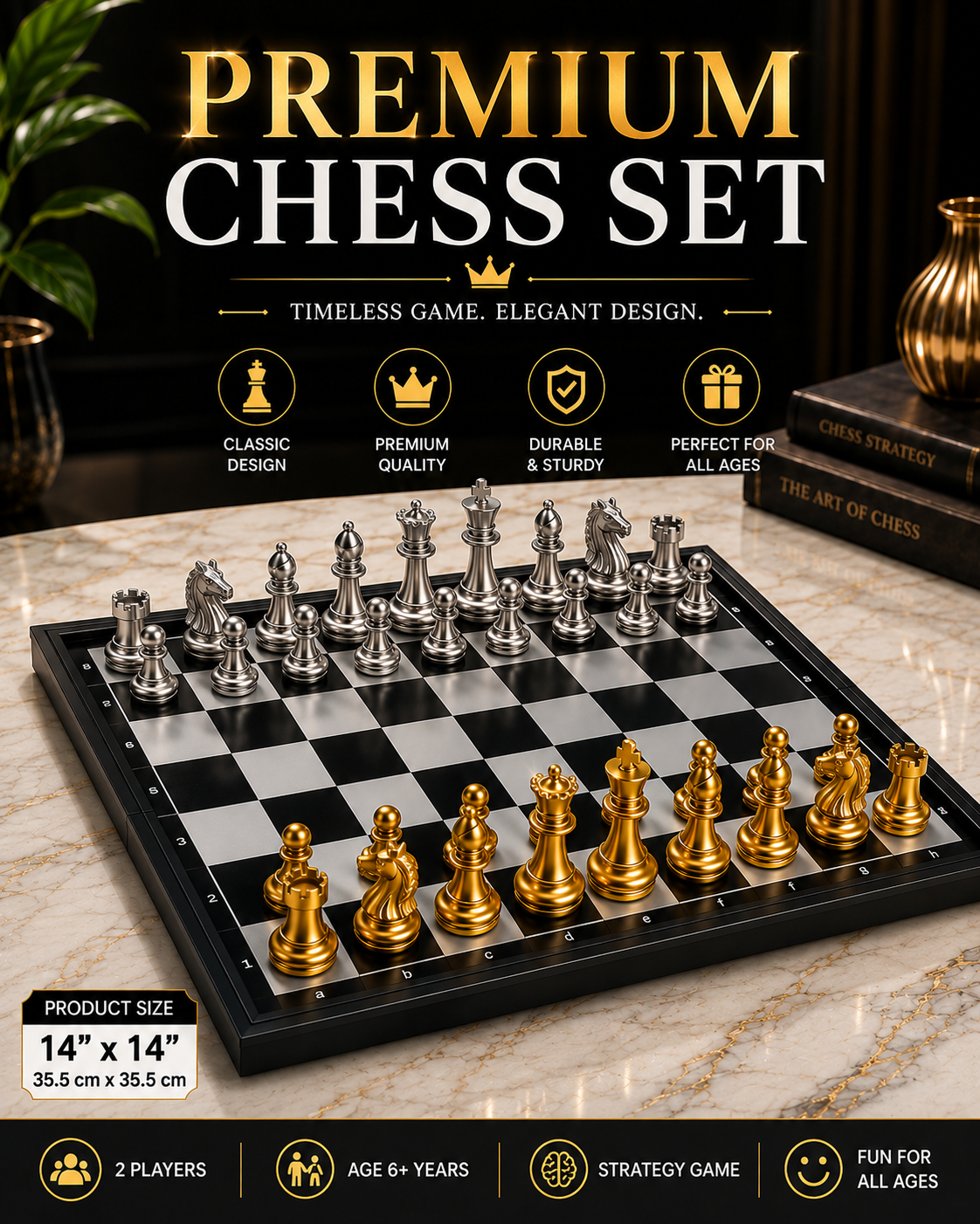Gold & Silver Magnetic Chess Set – 14-Inch