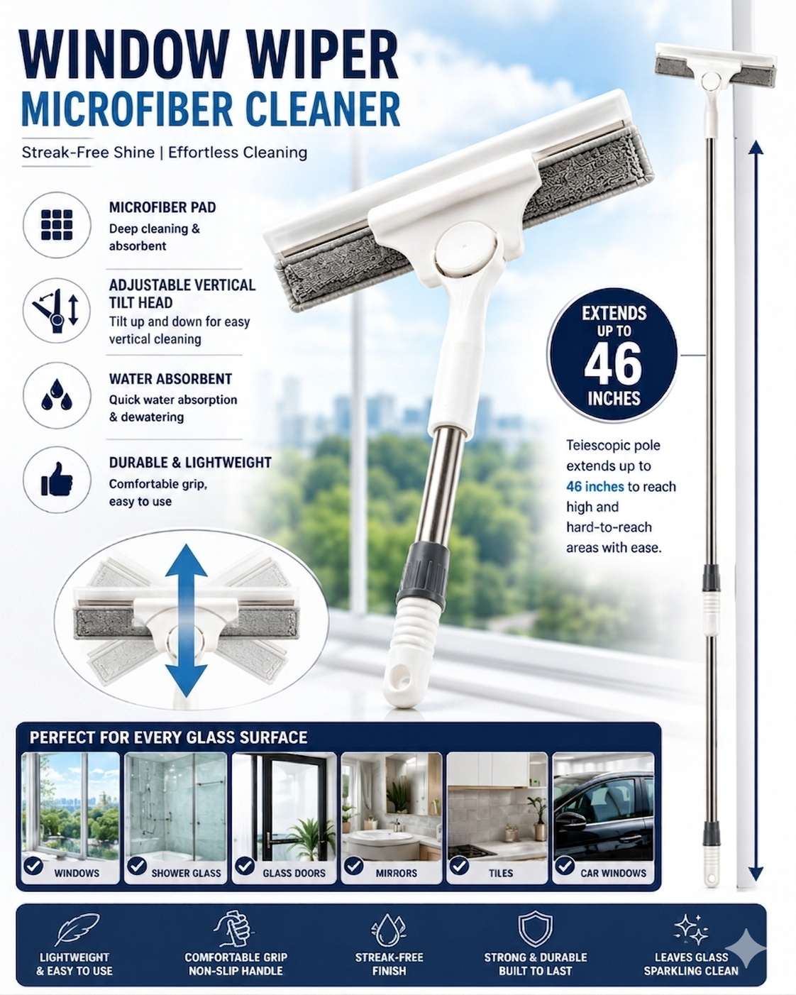 2-in-1 Telescopic Window Wiper & Microfiber Cleaner